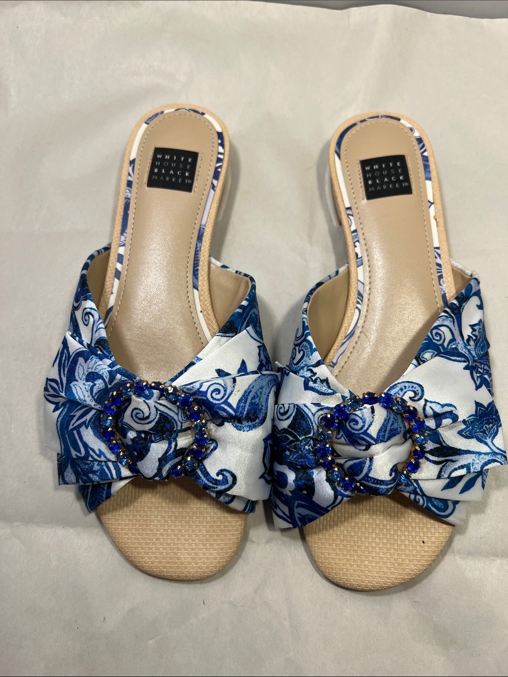 White House Black Market Blue & White Bow Embellished Slide Mules